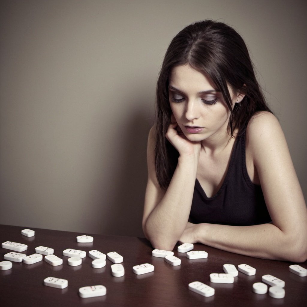 Rivotril függőség ábrázolva egy nővel és gyógyszerekkel az asztalon